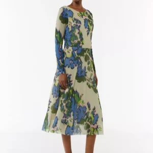 Mesh jersey dress with a bateau neckline